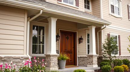 Obraz premium Elegant Home Exterior: Modern House Design with Stone Accents and Landscaping