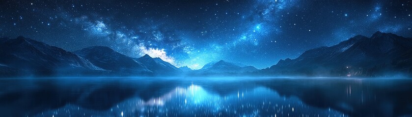 Stargazing at midnight serene lake reflection astrophotography mountain landscape tranquil night cosmic beauty