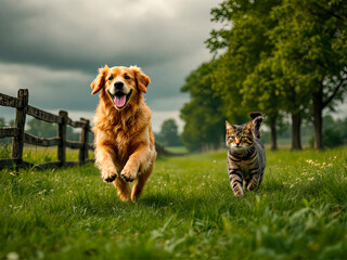 A dog and a cat are running on the grass