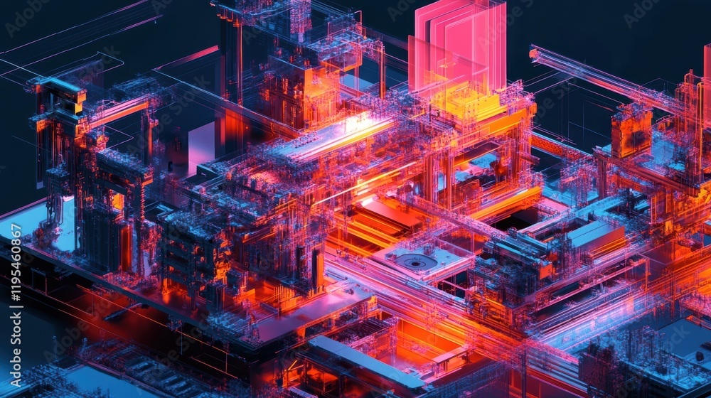 Poster a crosssectional view of a digital twin of an automated assembly station detailed with internal comp