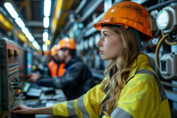 Focused Female Engineer Monitoring Operations in an Industrial Plant with Colleagues Working in the Background