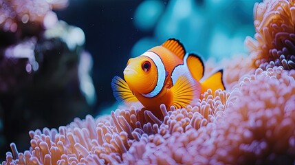 A close-up view of a vibrant clownfish nestled within an anemone, illustrating the symbiotic relationship between species in the underwater ecosystem 
