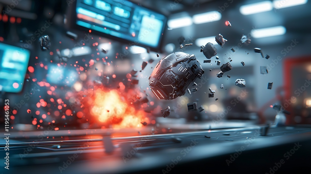 Aufkleber dramatic digital of a futuristic server room hologram collapsing and disintegrating under a simulate
