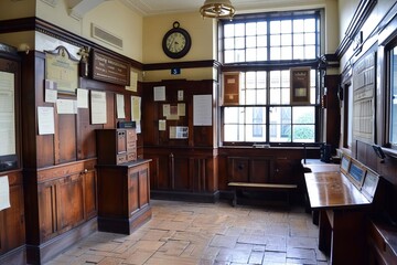 A wooden-paneled reception area with a clock and informational notices on the walls.