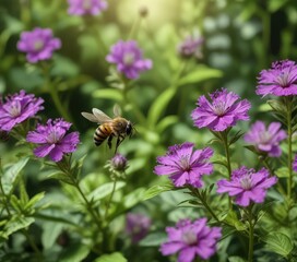 A bee is resting on a small, delicate purple flower amidst a lush green garden, bees, botanical