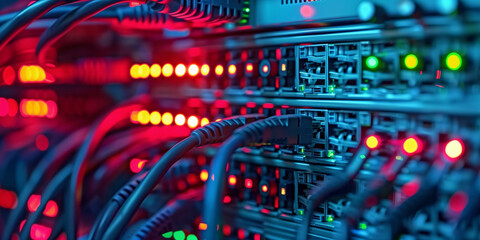 Close-up of a modern data server with numerous Ethernet cables connected, glowing red and green lights, in a high-tech network infrastructure
