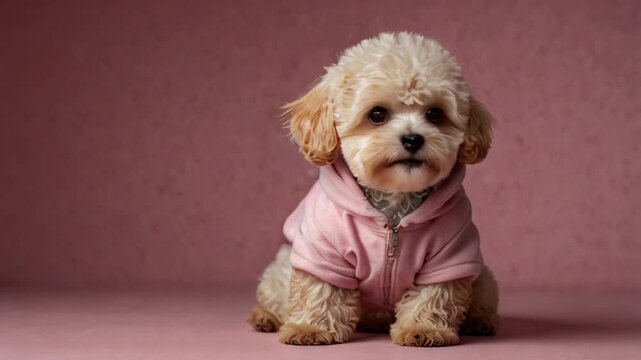 Adorable fluffy puppy wearing pink hoodie, cute maltipoo dog in stylish pet clothing, small cream poodle mix sitting against pink background