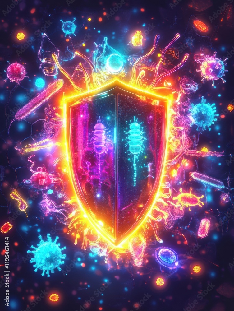 Leinwandbilder shield created with vibrant colors deflects harmful microbes in a digital realm filled with glowing 