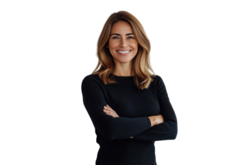 Portrait of 50 years old smiling woman looking at camera with crossed arms. Happy girl standing in creative office. Successful businesswoman standing in white background



