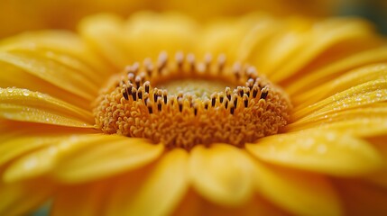 Close-up of a vibrant yellow flower with dew drops.