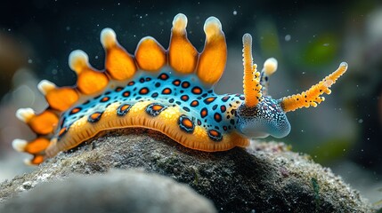 A close-up of a colorful nudibranch clinging to a rock, illustrating the beauty of marine invertebrates and the diversity of ocean life 