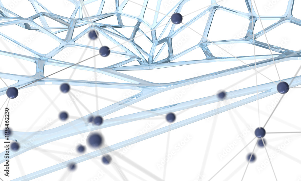 Poster Global network. Blockchain. 3D illustration. Neural networks and artificial intelligence. Abstract