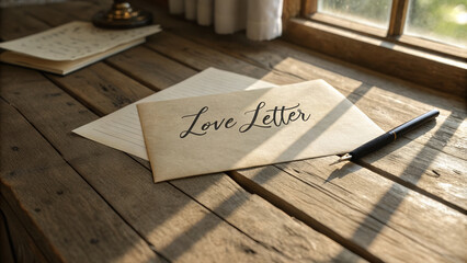 Love letter on wooden desk with sunlight shining, romantic keepsake, nostalgic atmosphere