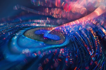 Abstract close-up with colorful light patterns and flowing shapes, creating a dynamic visual effect.