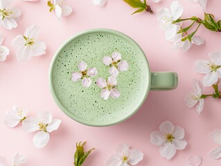 green tea matcha relaxation concept, A pastel green cup of frothy matcha latte topped with delicate pink flowers, surrounded by white petals on a soft pink background.