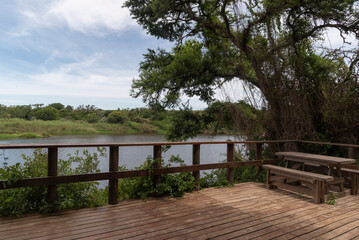 Swellendam Western Cape South Africa. 04.12.2024. Viewing platform along the Breede River in the Bontebok Park Swellendam Wesstern Cape South Africa.