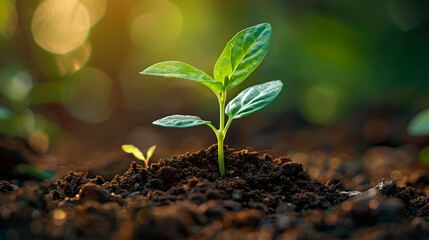 A Close-Up Image of a Young Plant Sprouting from Rich Fertile Soil, Illuminated by Soft Sunlight