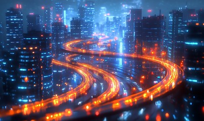 modern city illuminated with neon circuit-like light trails encircling it
