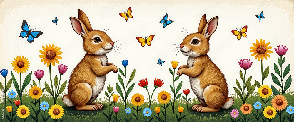 Poster a group of four rabbits are sitting in a field of flowers. there are also butterflies and a few flow