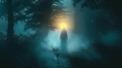 A mysterious figure with a glowing head standing in a foggy forest illuminated by ethereal light, evoking a sense of wonder and intrigue