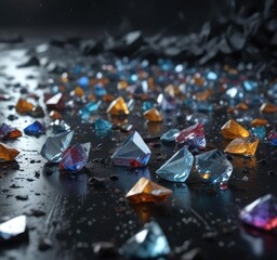 A dark surface with scattered glass shards and subtle reflections, dark surface, tiny fissures, delicate damage
