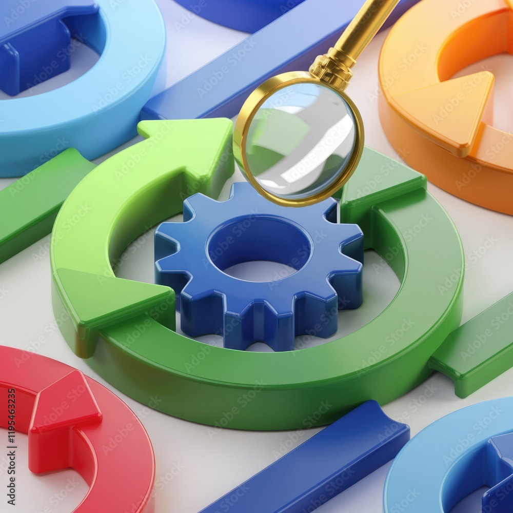 Aufkleber A magnifying glass examines interconnected circular arrows and a gear, symbolizing process optimization and analysis.