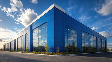 Photorealistic photograph showcasing a spacious modern warehouse