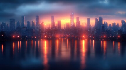 Fototapeta premium Cityscape at sunset reflected in water.