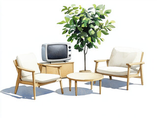 serene watercolor of family room with retro TV, sleek modern furniture, and potted plant creating cozy atmosphere