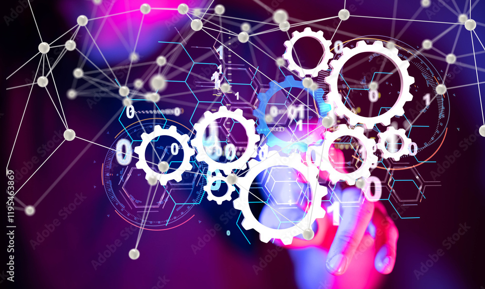 Poster Neural network 3D illustration. Big data and cybersecurity