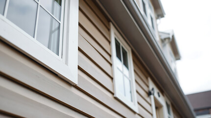 Modern House Exterior: White Windows and Beige Siding. High-quality architecture and design for a stunning home. Ideal for real estate and home improvement websites.
