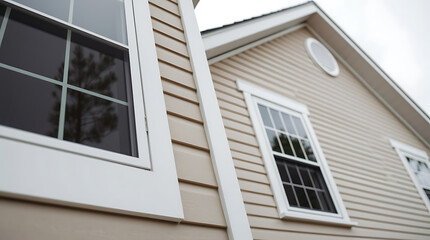 Elegant Home Exterior: Captivating View of a Classic House with White-Framed Windows and Beige Siding