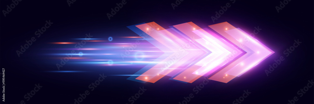 Poster light and speed dynamic glowing arrow on dark background, futuristic design with vibrant colors and 