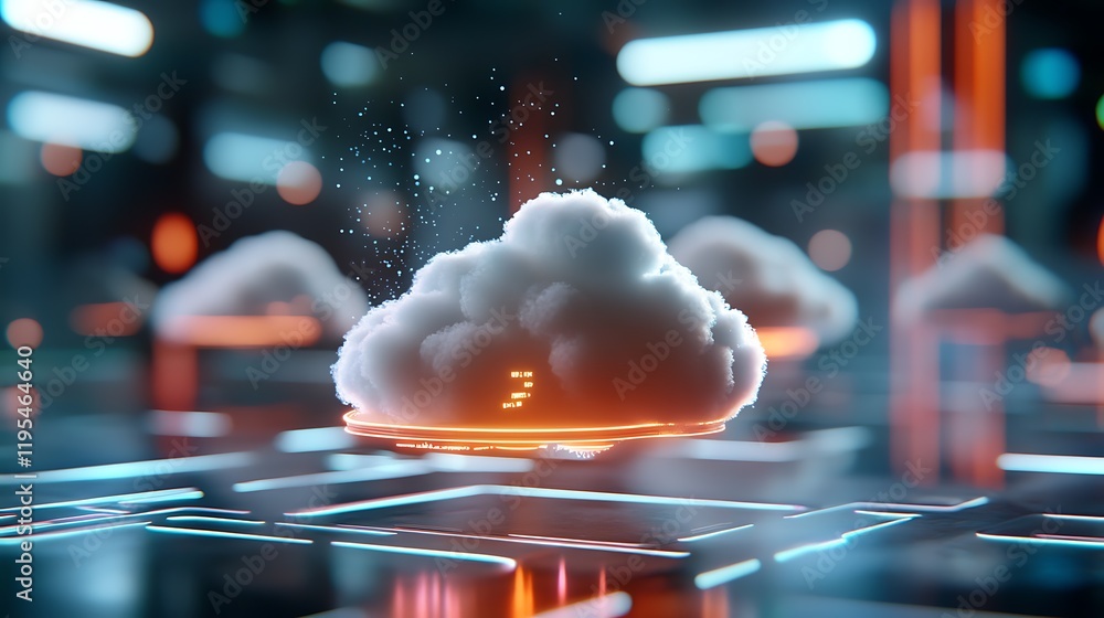 Poster floating cloud servers glowing with real time media data visualization showcasing the power and conn