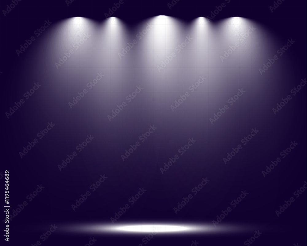 Poster Empty spotlight stage with dark gradient background and bright beams of light illuminating the center. Suitable for presentations, performances, or dramatic effects.
