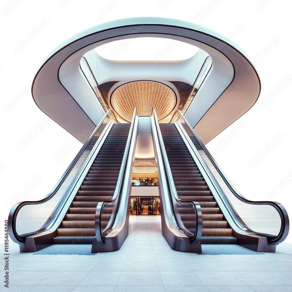 Poster The image shows two modern escalators in a sleek and futuristic building interior, creating a dynamic and visually appealing composition.
