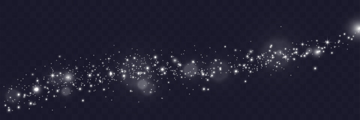 Sparkling white light particles on transparent background, glowing stars and dust effect, festive glitter overlay, magical illumination, digital abstract decoration.