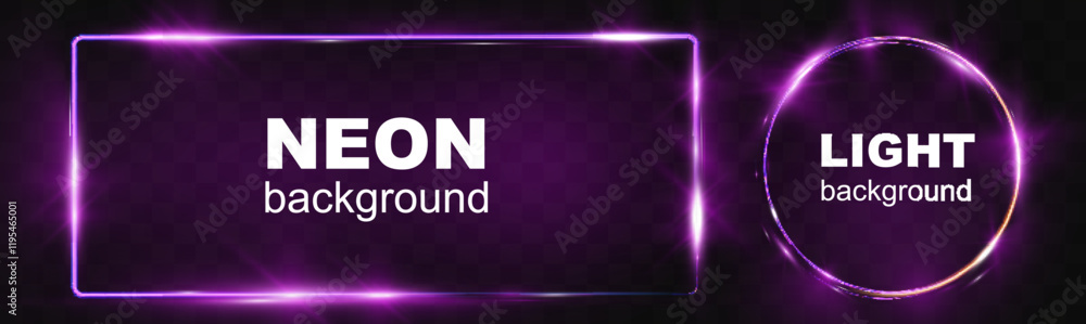 Poster neon banner vector collection featuring glowing purple neon shapes including hexagon, rectangle, tri