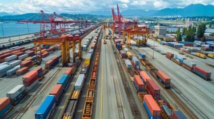 Aerial view of a busy shipping port with containers and cranes against a mountainous backdrop.