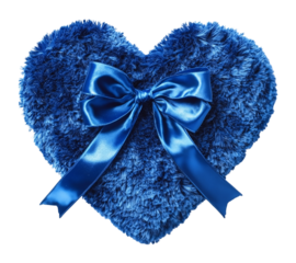 Coussin bleu foncé duveteux en forme de cœur avec nœud en ruban satin, cadeau de Saint-Valentin, isolé sur fond transparent