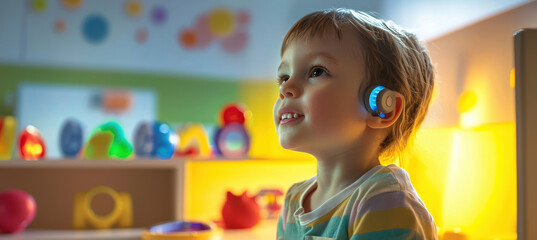 Child Engaged in Speech Therapy Game with Cochlear Implant in Bright Learning Environment