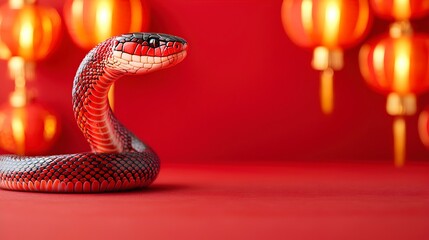 Vibrant Snake Among Lanterns on Red Background