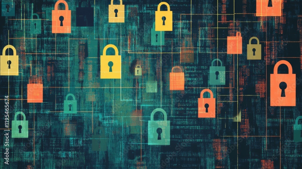 Poster large network security diagram with arrows and colorful locks