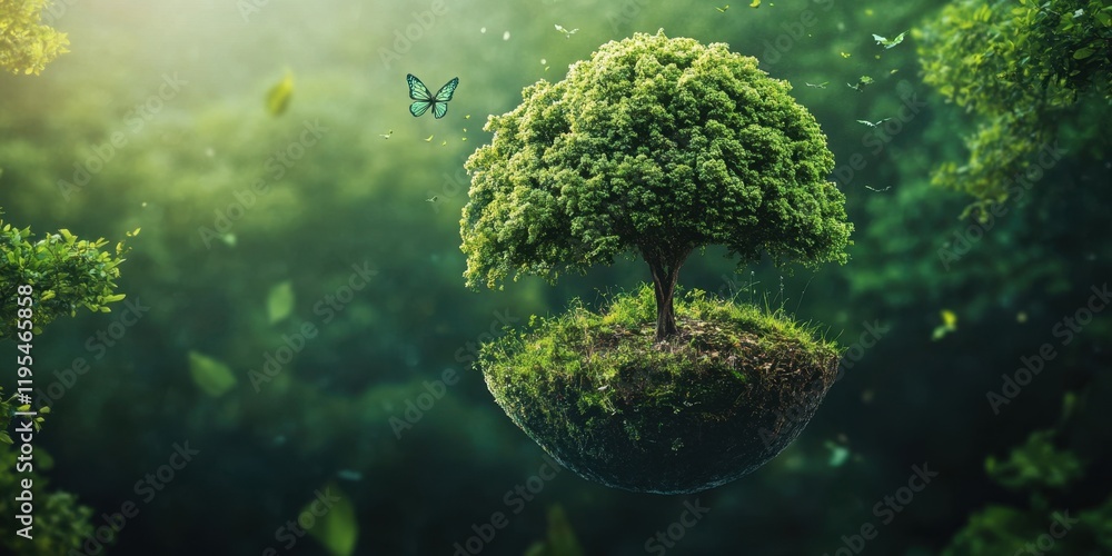 Poster a lush green tree hovers above the ground, surrounded by a mystical forest with soft light filtering