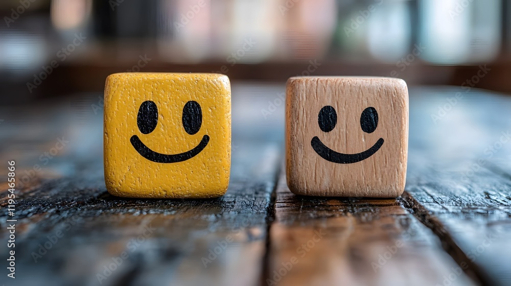 Poster two cute smiling face blocks on a rustic wooden table representing joy and positivity in a bright an