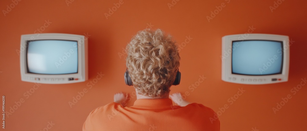 Aufkleber curly-haired student analyzing dual monitors in retro tech lab