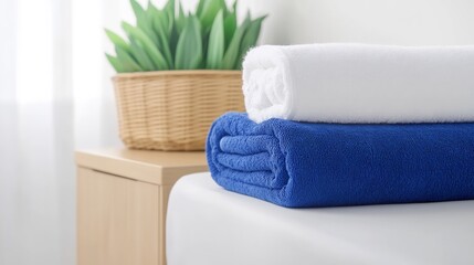 Soft blue and white towels neatly stacked bedroom ambiance. AI Generated