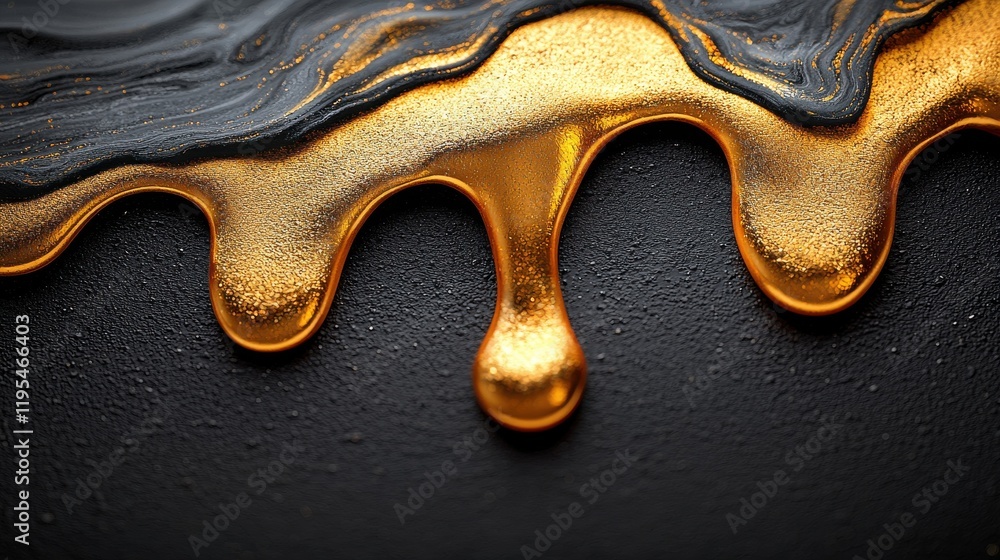 Poster dynamic liquid gold dripping into shimmering blend abstract art dark background close-up visual conc
