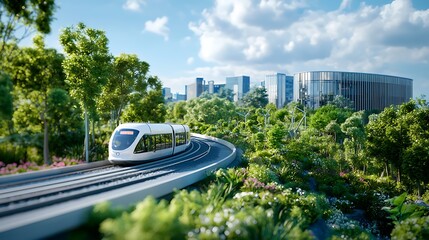 Naklejka premium Futuristic cityscape featuring an elevated eco friendly transportation hub powered by geothermal energy and surrounded by a lush green urban park