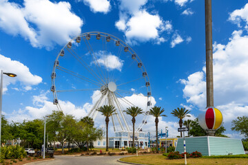 The SkyWheel ferris wheel at Pier Park with lush green palm trees in Panama City Beach Florida USA